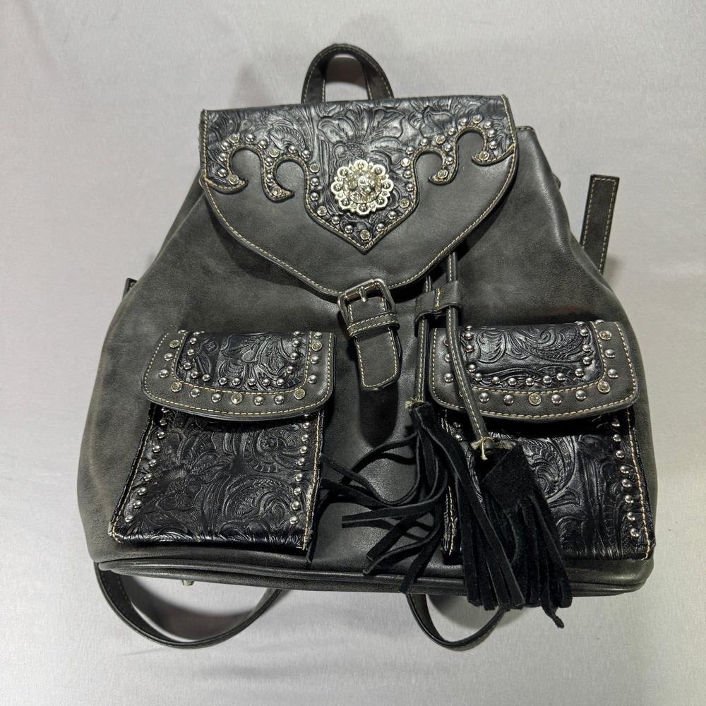Montana West Womens Western Tooled Studded Backpack Purse Charcoal Gray Black